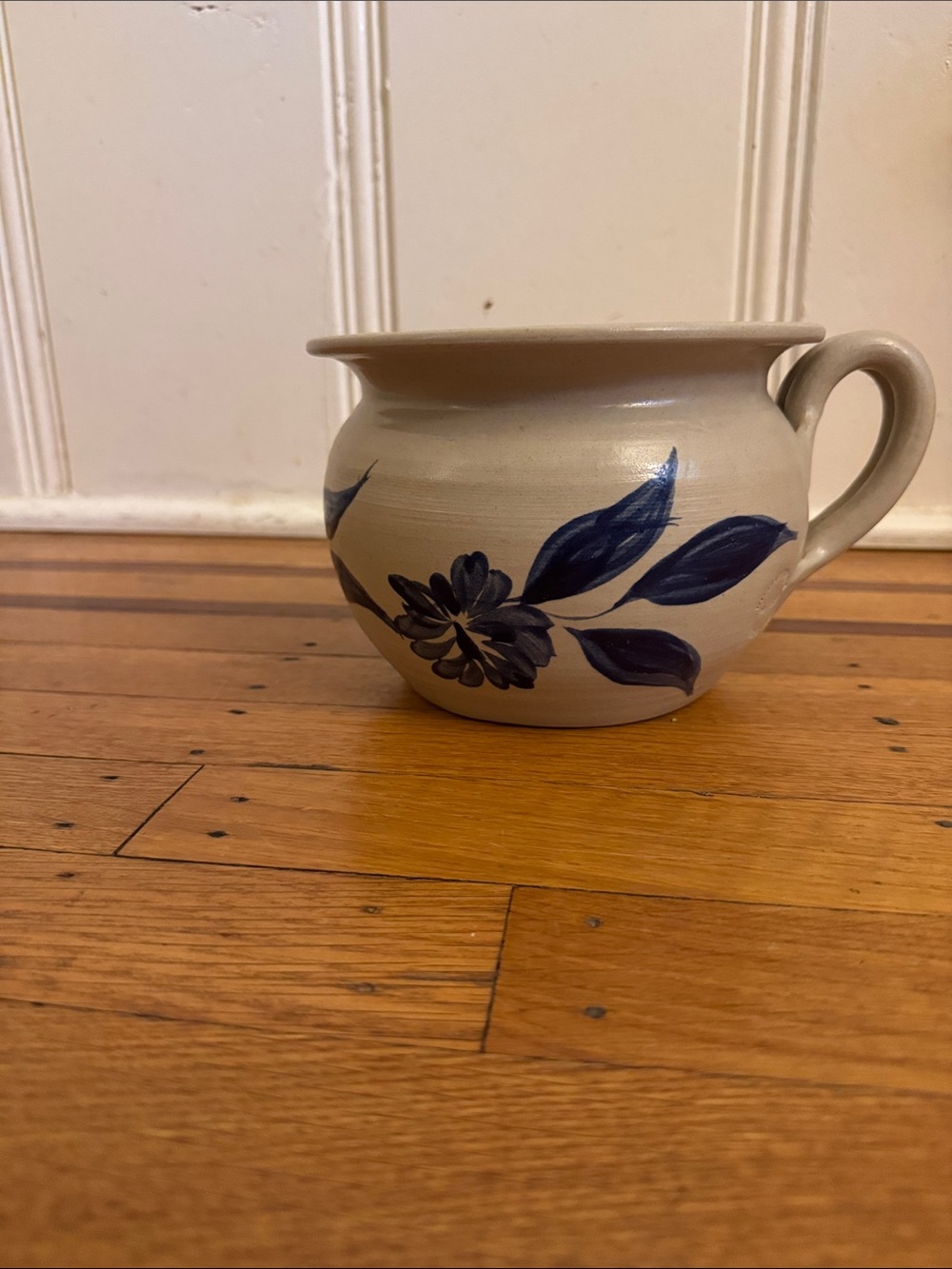 Cream Ceramic Pitcher with Hand-Painted Blue Floral Design